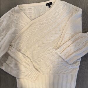 Express Cream V-Neck Cable Knit Sweater